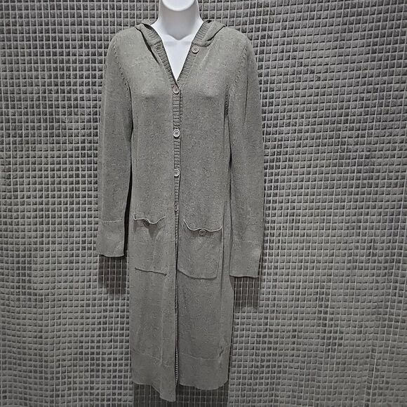 Long Cardigan Sweater Trench Duster SzS Y2K Button Hooded Gray Boho Chic Preppy - Picture 1 of 16